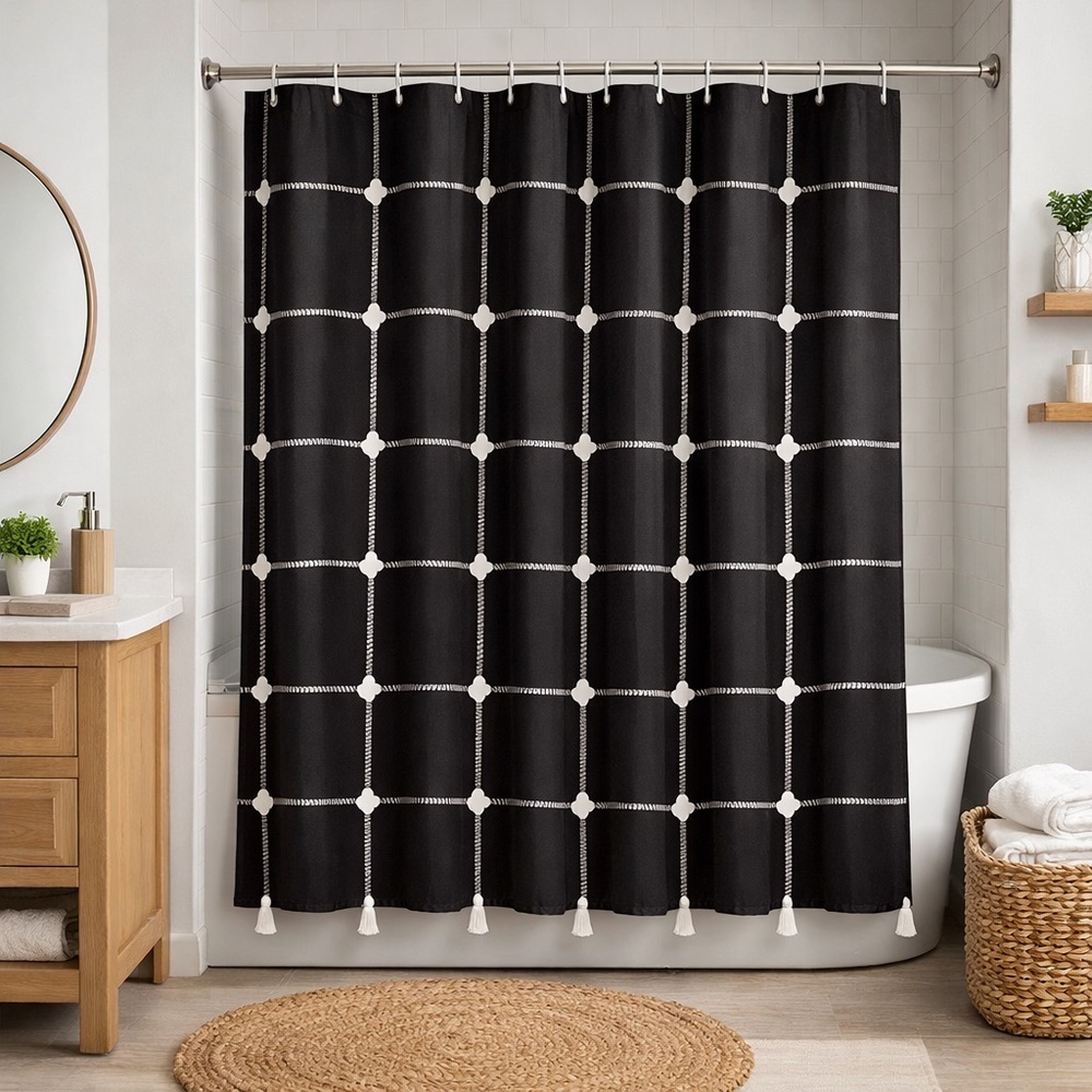 NEW 72x72 Black White Shower Curtain Modern Tassel Bathroom Decor